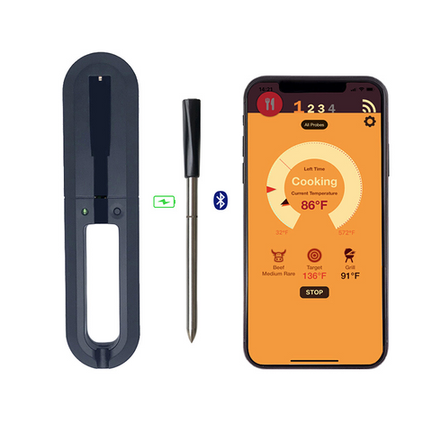 Wireless meat probe, charging dock, and smartphone app on white background